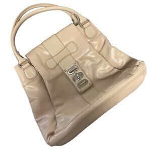 Badgley Mischka Satchel Purse Handbag Beige Tan Leather Large Bag EUC